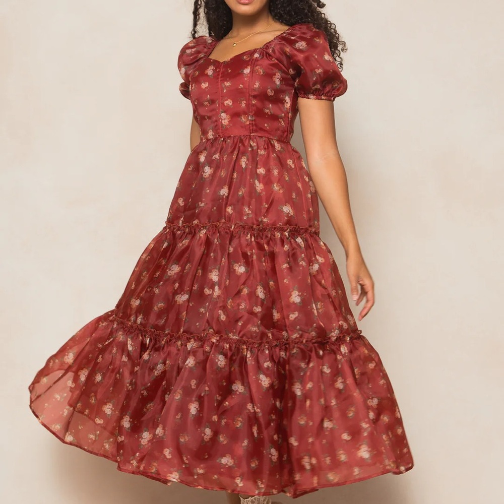 Ivy City Co. Ever After Dress in Red / Burgundy Floral Dress Organdy Organza